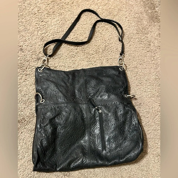 Florence Leather Made in Italy Black Tooled Crossbody Shoulder/Crossbody Bag Zip - Picture 1 of 11